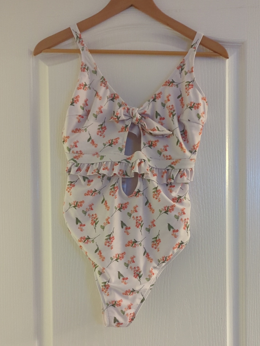 Floral Tie-Front One-Piece Swimsuit in White and Coral. Fits Like A Size 8.